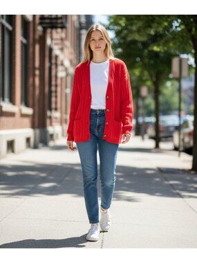 Charter Club Womens Red Cardigan Ribbed Knit Cotton Button Front Small Vintage